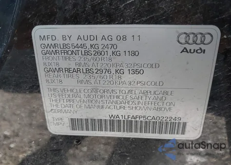 2012 Audi Q5 2.0T Premium из США, поврежденный, VIN WA1LFAFP5CA022249